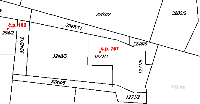 Mosty u Jablunkova 757 na parcele st. 1271/1 v KÚ Mosty u Jablunkova, Katastrální mapa