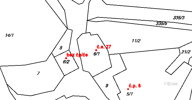 Veletín 27, Sedlec-Prčice na parcele st. 6/1 v KÚ Veletín, Katastrální mapa