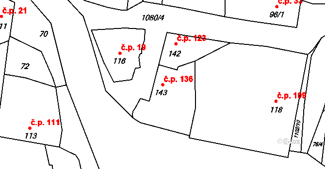 Prčice 136, Sedlec-Prčice na parcele st. 143 v KÚ Prčice, Katastrální mapa
