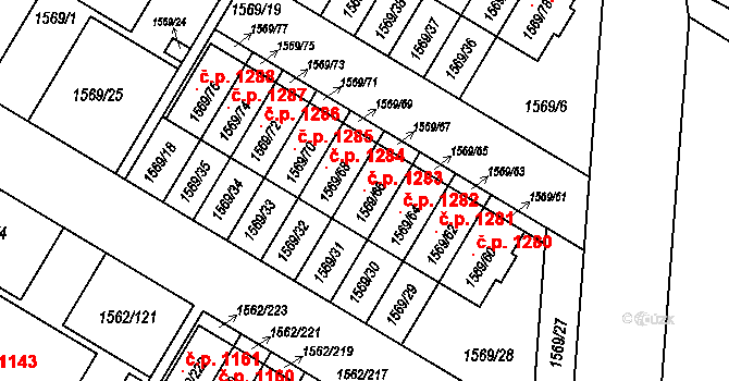 Ďáblice 1283, Praha na parcele st. 1569/66 v KÚ Ďáblice, Katastrální mapa