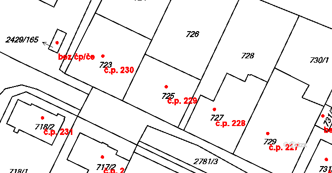 Dačice V 229, Dačice na parcele st. 725 v KÚ Dačice, Katastrální mapa