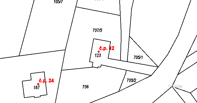 Syřenov 12 na parcele st. 123 v KÚ Syřenov, Katastrální mapa