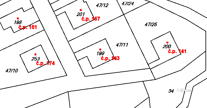 Poplze 143, Libochovice na parcele st. 199 v KÚ Poplze, Katastrální mapa