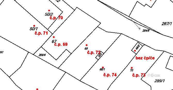 Doubek 72 na parcele st. 69 v KÚ Doubek, Katastrální mapa