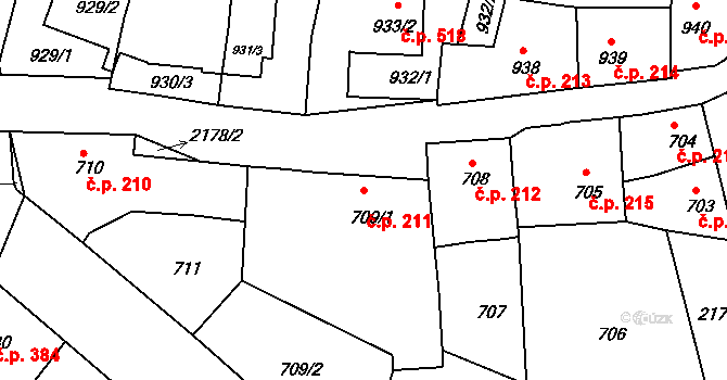 Březnice 211 na parcele st. 709/1 v KÚ Březnice, Katastrální mapa