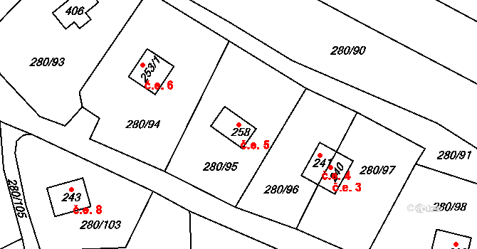 Skalka 5, Cheb na parcele st. 258 v KÚ Skalka u Chebu, Katastrální mapa