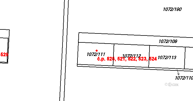 Hloubětín 521,522,523,524,525, Praha na parcele st. 1072/111 v KÚ Hloubětín, Katastrální mapa