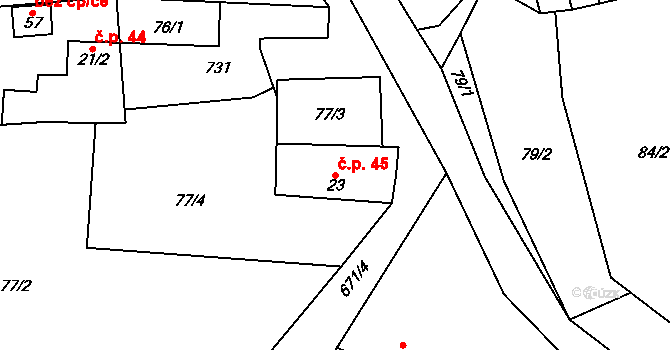 Horní Hbity 45, Jablonná na parcele st. 23 v KÚ Horní Hbity, Katastrální mapa