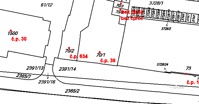 Rosice 39 na parcele st. 70/1 v KÚ Rosice u Brna, Katastrální mapa