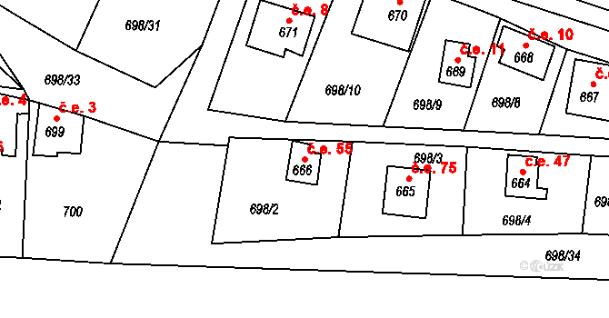 Řícmanice 55 na parcele st. 666 v KÚ Řícmanice, Katastrální mapa