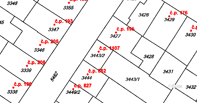 Lobzy 1107, Plzeň na parcele st. 3443/2 v KÚ Plzeň, Katastrální mapa