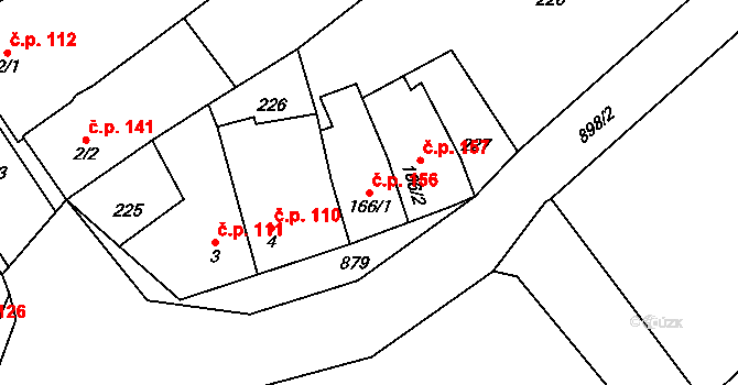 Vrahovice 156, Prostějov na parcele st. 166/1 v KÚ Vrahovice, Katastrální mapa