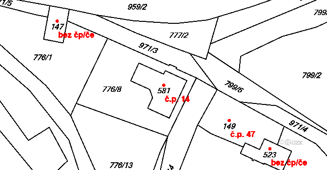 Halouny 14, Svinaře na parcele st. 581 v KÚ Svinaře, Katastrální mapa