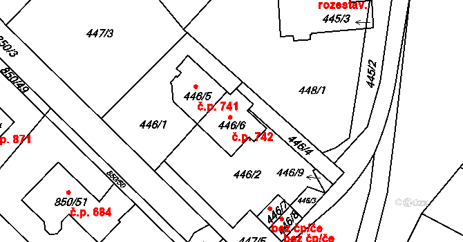 Kolovraty 742, Praha na parcele st. 446/6 v KÚ Kolovraty, Katastrální mapa