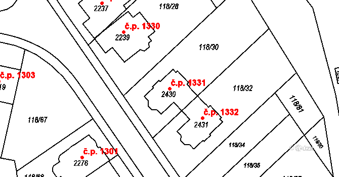 Uničov 1331 na parcele st. 2430 v KÚ Uničov, Katastrální mapa