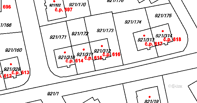 Hostavice 616, Praha na parcele st. 921/312 v KÚ Hostavice, Katastrální mapa
