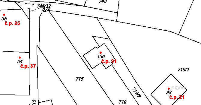 Křižínkov 91 na parcele st. 136 v KÚ Křižínkov, Katastrální mapa