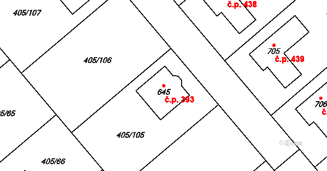 Kvasiny 393 na parcele st. 645 v KÚ Kvasiny, Katastrální mapa