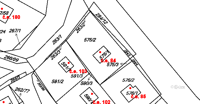 Tušimice 84, Kadaň na parcele st. 575/1 v KÚ Tušimice, Katastrální mapa