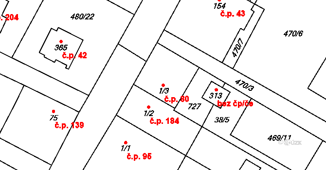 Chroustovice 80 na parcele st. 1/3 v KÚ Chroustovice, Katastrální mapa