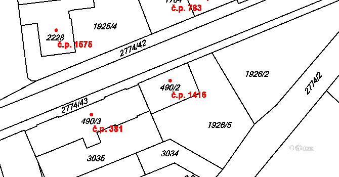 Choceň 1416 na parcele st. 490/2 v KÚ Choceň, Katastrální mapa