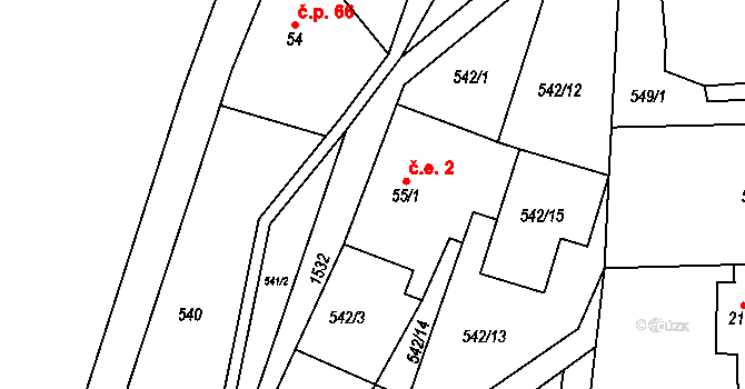 Hanušovice 2 na parcele st. 55/1 v KÚ Hanušovice, Katastrální mapa