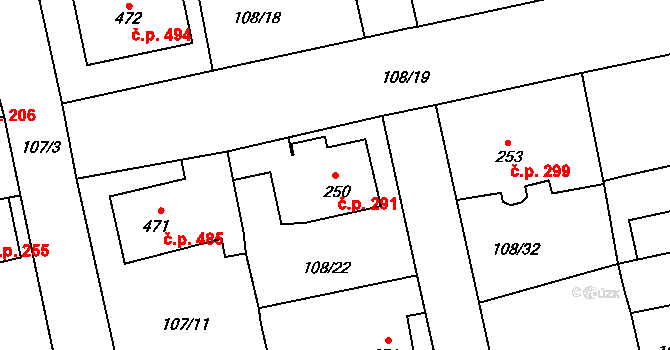 Rudná 291 na parcele st. 250 v KÚ Dušníky u Rudné, Katastrální mapa