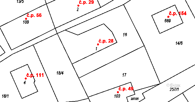 Černolice 28 na parcele st. 1 v KÚ Černolice, Katastrální mapa