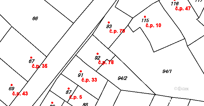 Lutotín 78, Bílovice-Lutotín na parcele st. 92 v KÚ Lutotín, Katastrální mapa