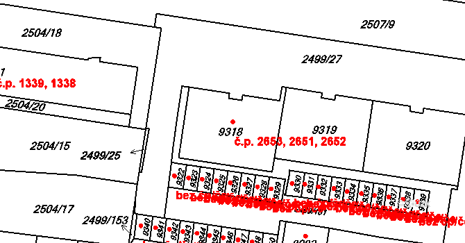Zelené Předměstí 2651,2652,2653, Pardubice na parcele st. 9320 v KÚ Pardubice, Katastrální mapa
