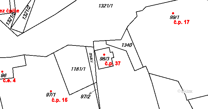 Strážovice 37, Křečovice na parcele st. 98/3 v KÚ Hořetice, Katastrální mapa