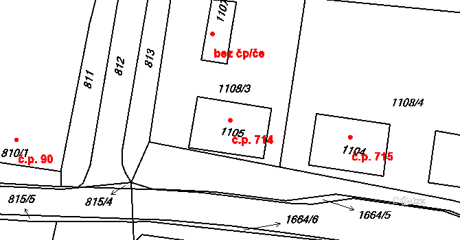 Klobouky u Brna 714 na parcele st. 1105 v KÚ Klobouky u Brna, Katastrální mapa