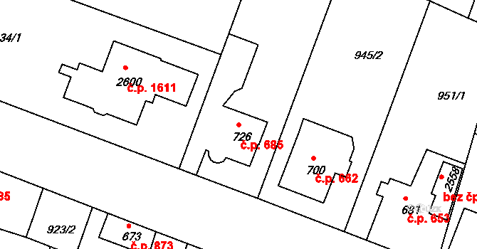 Bystřice pod Hostýnem 685 na parcele st. 726 v KÚ Bystřice pod Hostýnem, Katastrální mapa