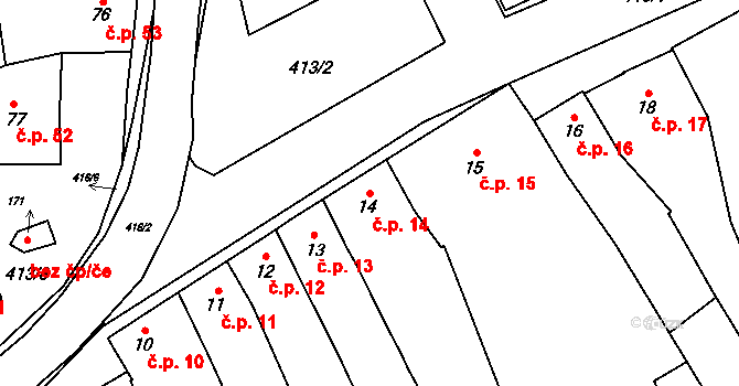 Čelčice 14 na parcele st. 14 v KÚ Čelčice, Katastrální mapa