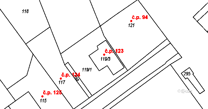 Hlízov 123 na parcele st. 119/3 v KÚ Hlízov, Katastrální mapa
