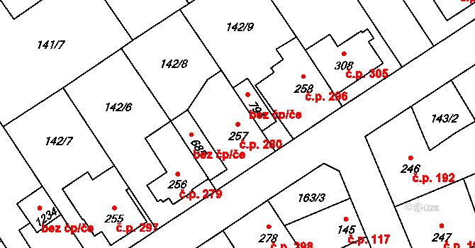 Zeleneč 280 na parcele st. 257 v KÚ Zeleneč, Katastrální mapa