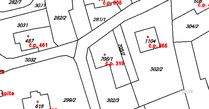 Luby 319 na parcele st. 705/1 v KÚ Luby I, Katastrální mapa