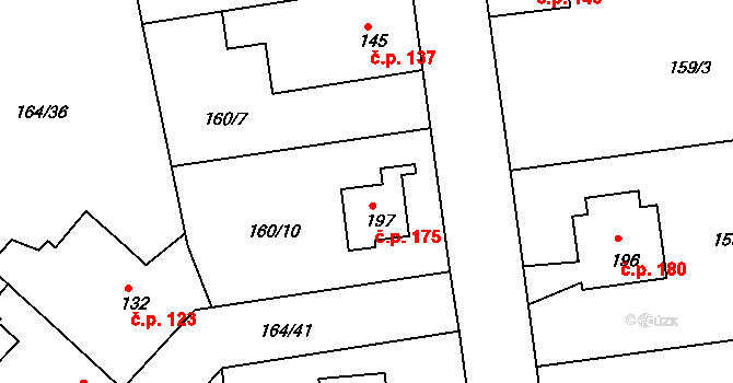 Kyšice 175 na parcele st. 197 v KÚ Kyšice, Katastrální mapa