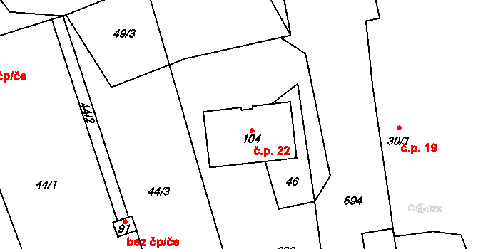 Žižice 22 na parcele st. 104 v KÚ Žižice, Katastrální mapa