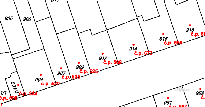 Lužice 508 na parcele st. 912 v KÚ Lužice u Hodonína, Katastrální mapa