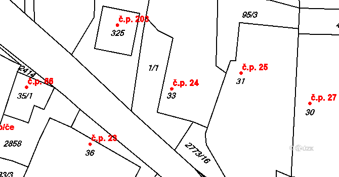 Hodice 24 na parcele st. 33 v KÚ Hodice, Katastrální mapa