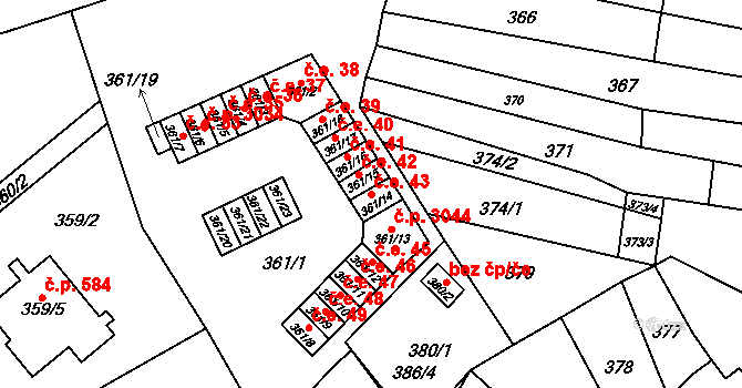 Vyškov-Předměstí 43, Vyškov na parcele st. 361/14 v KÚ Vyškov, Katastrální mapa