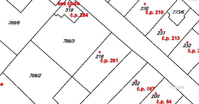 Cerhenice 201 na parcele st. 216 v KÚ Cerhenice, Katastrální mapa