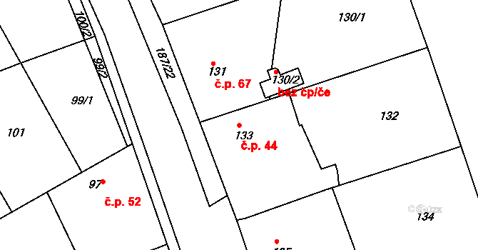 Skramníky 44, Klučov na parcele st. 133 v KÚ Skramníky, Katastrální mapa
