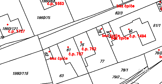 Švermov 762, Kladno na parcele st. 75 v KÚ Motyčín, Katastrální mapa