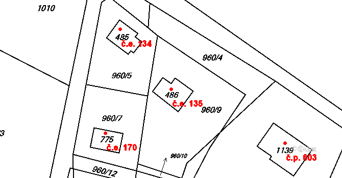 Raškovice 135 na parcele st. 486 v KÚ Raškovice, Katastrální mapa