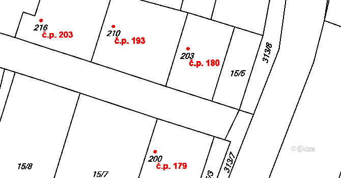 Lovčice 180 na parcele st. 203 v KÚ Lovčice u Nového Bydžova, Katastrální mapa
