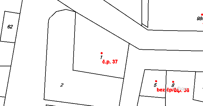 Sedlice 37, Praskačka na parcele st. 1 v KÚ Sedlice u Hradce Králové, Katastrální mapa