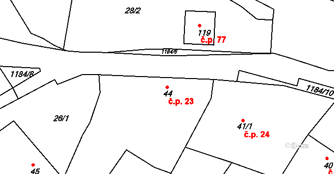 Vrbka 23 na parcele st. 44 v KÚ Vrbka u Sulimova, Katastrální mapa