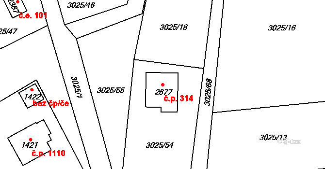 Rožnov pod Radhoštěm 314 na parcele st. 2677 v KÚ Rožnov pod Radhoštěm, Katastrální mapa